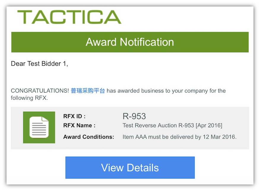 Tactica award notification
